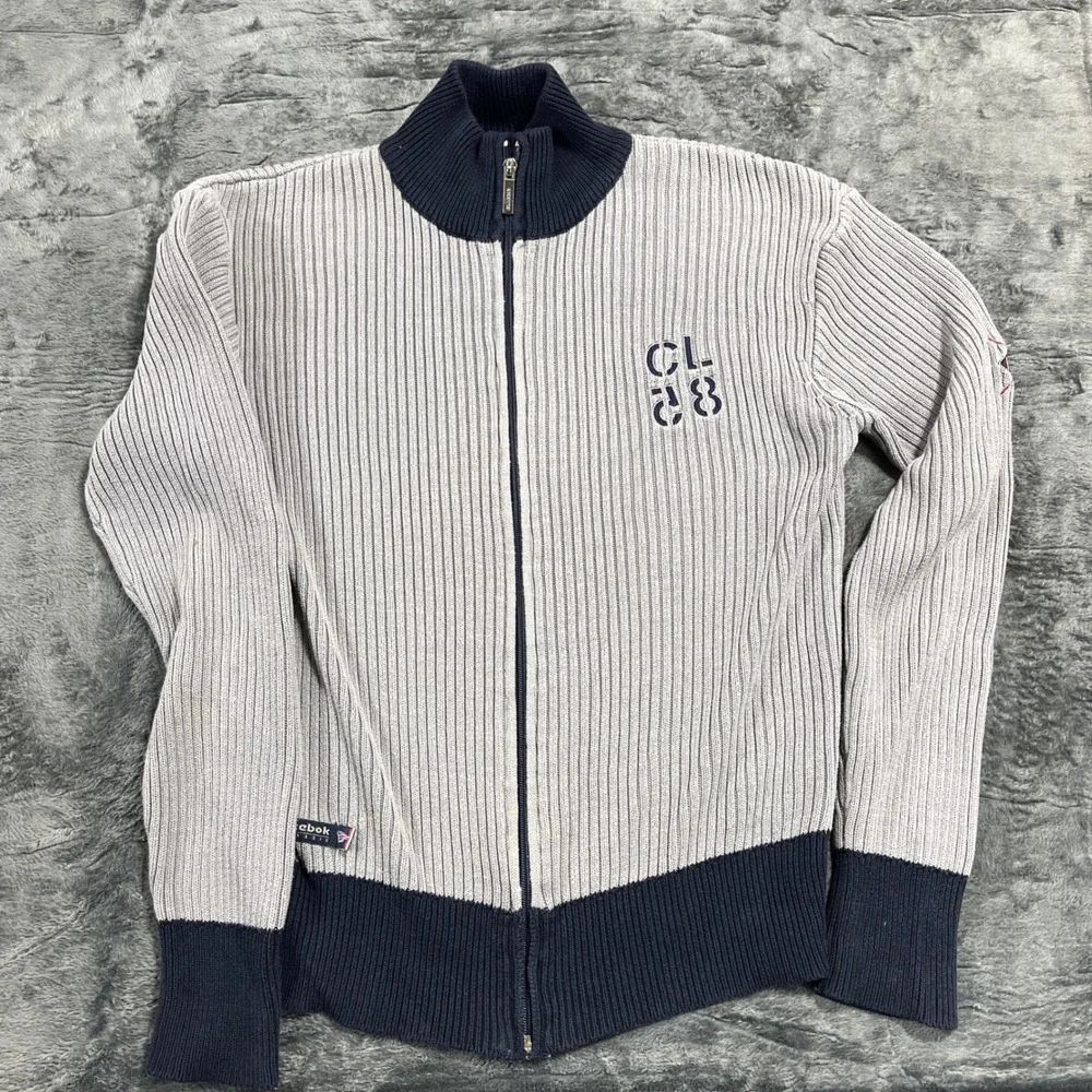 Reebok Classic Mens‎ Gray Navy Blue Ribbed Quarter Zip Sweater  Medium